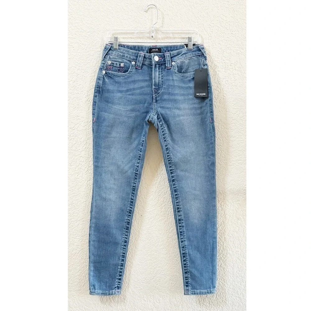 True Religion Jeans Jennie Curvy Mid Rise Super Skinny Embroidered Pockets 29